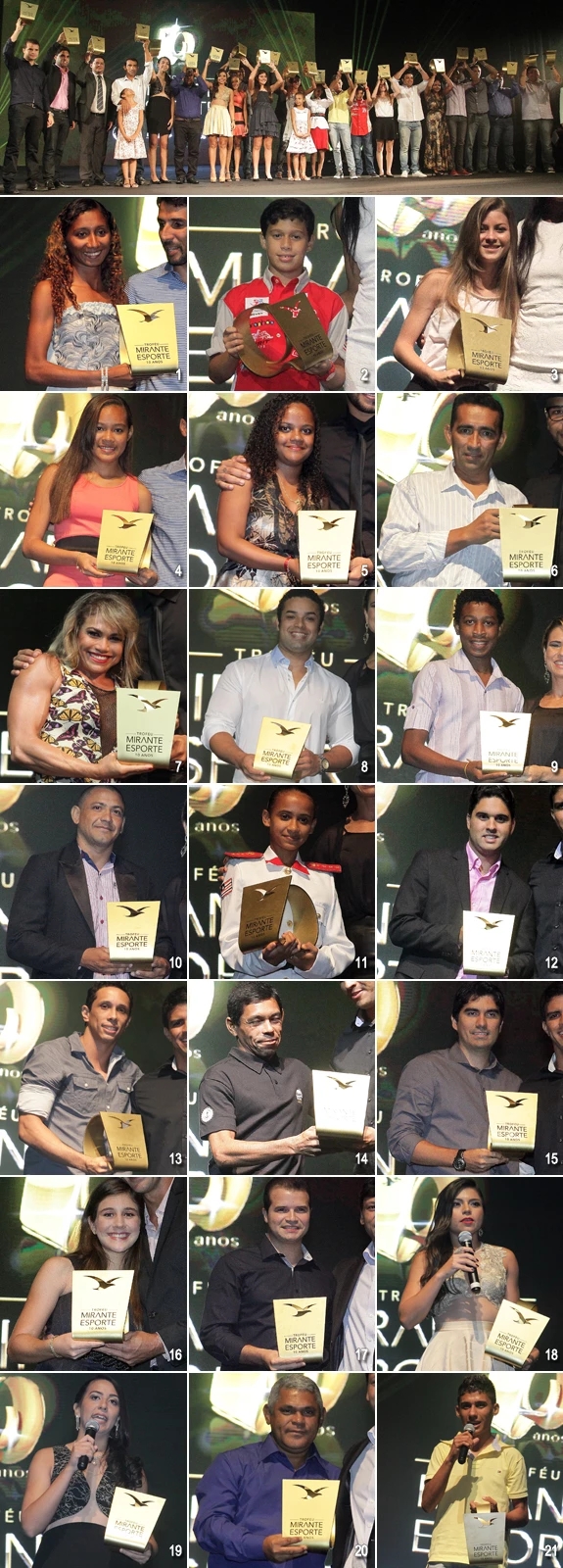 1 - Larisse do Nascimento de Sousa (atletismo e atleta do ano/júri técnico); 2 - Manuel Carlos Júnior (automobilismo), 3 -Thalia Serra Pinheiro (basquete); 4 - Lucyele Farias da Silva (badminton); 5 - Joanne Alves e Alves (capoeira); 6 - Gilson Buna Martins (ciclismo); 7 - Eudésia Araújo Martins (fisiculturismo); 8 - Edson Alves Gomes (ginástica); 9 - Wyllem Júnio da Luz (handebol); 10 - Francisco Sales (jiu-jítsu); 11 - Thalyane Bianca Sá Santos (jogo de damas); 12 - Vinicius Barbalho Mota (motociclismo); 13 - Thiago Corrêia Rezzo (natação); 14 - Amauri de Melo Oliveira; 15 - Bruno Henrique Carvalho Ribeiro (tênis de mesa); 16 - Isadora Andrade (tênis de quadra); 17 - Alysson Marquezelli Simeão Almeida (tiro esportivo); 18 - Shirley Orivane (triatlo); 19 - Beatriz da Silva Alves (vôlei); 20 - Yuri de Carlos Dias (xadrez); e 21 - Antônio Lucas Batalha (atleta do ano/júri popular - capoeira). Os atletas Luís Alberto do Nascimento Braga – Datinha (beach soccer), Eloir Silva Moreira (futebol), Lucas Moura dos Santos Assunção Silva (futsal), Ítalo Mazzili Cabral de Carvalho (judô) e Joana Viviane dos Anjos (karatê) não compareceram à solenidade de premiação. (Fotos: De Jesus/ Arte: Imirante.com)