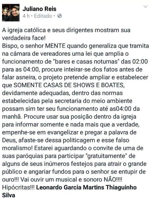 Juliano Reis chama bispo de mentiroso na rede social. (Foto: Reprodução/ Internet)