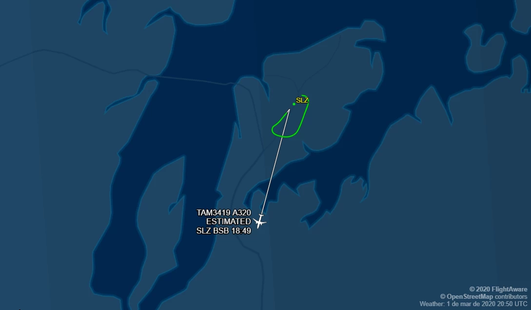 Radar mostra a trajetória do voo Latam 3419. Contorno verde mostra o percurso da aeronave durante a colisão. (Foto: Reprodução / Flightaware)