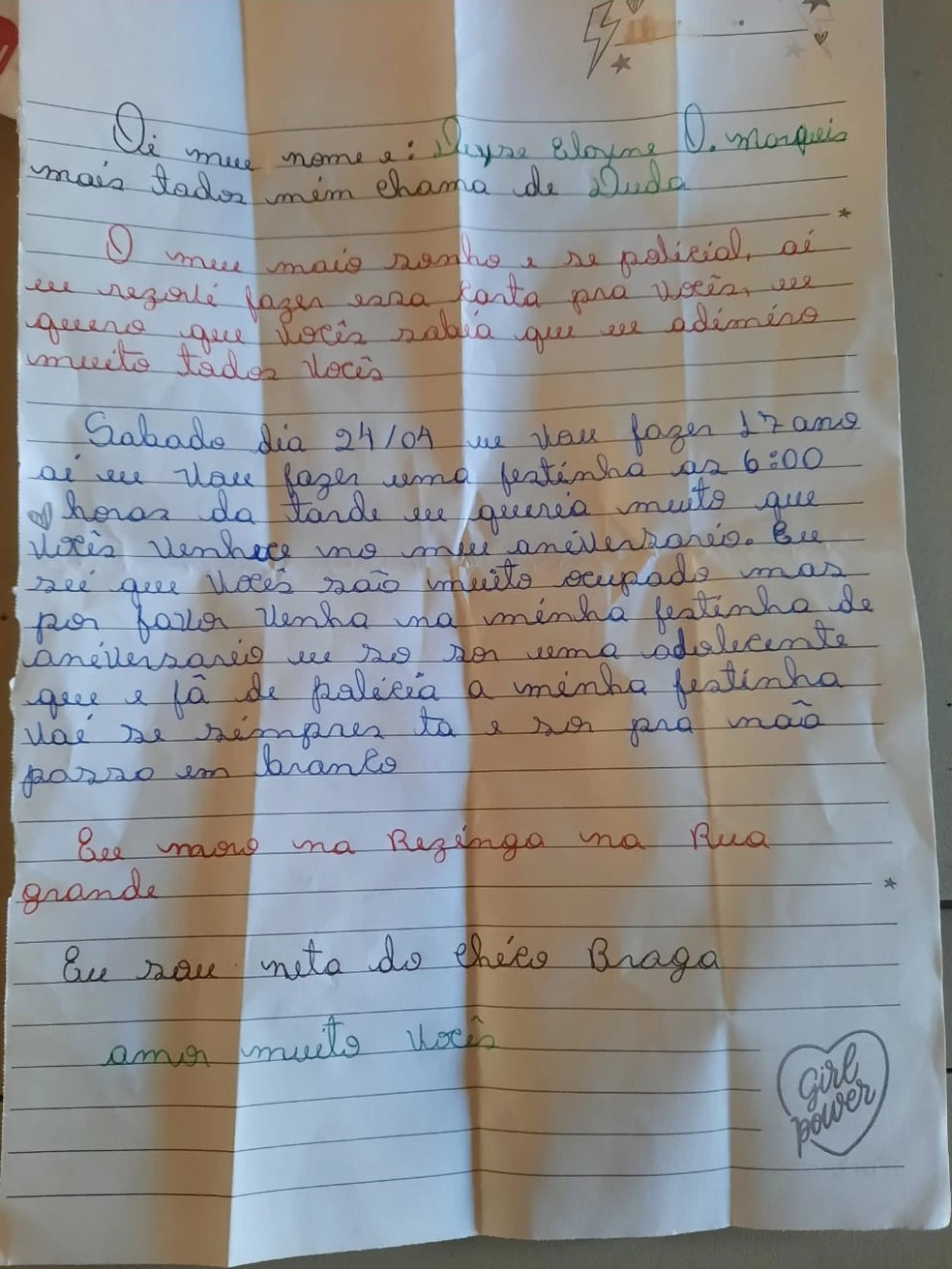 Deyse Elayne escreveu uma carta contando o seu sonho. (Foto: Divulgação/Polícia Militar)