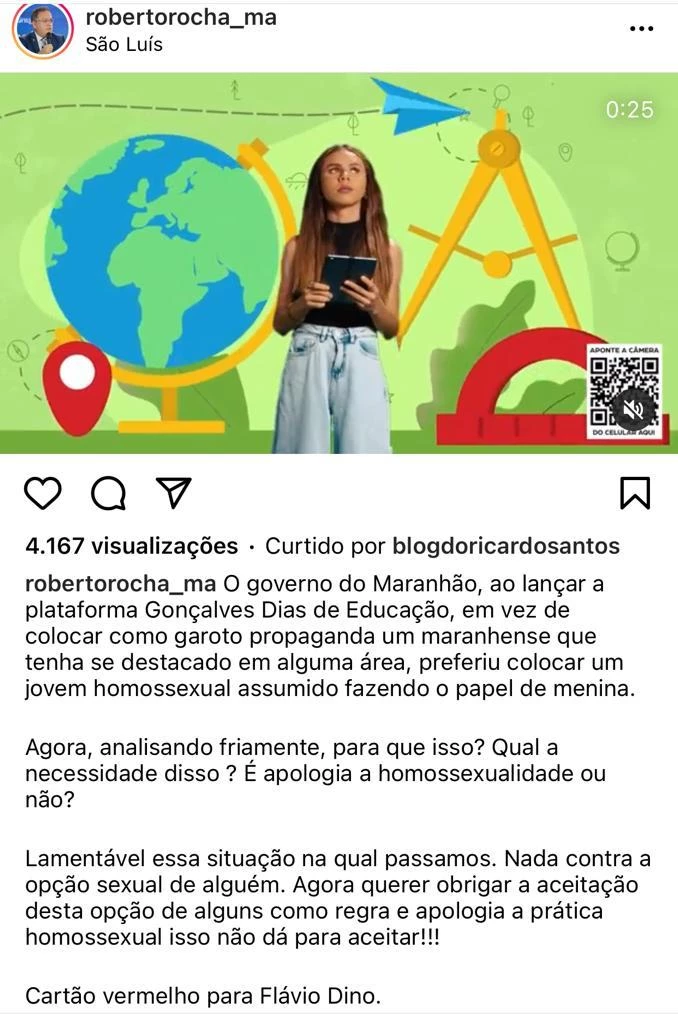 Roberto Rocha fez postagem nas redes sociais sobre