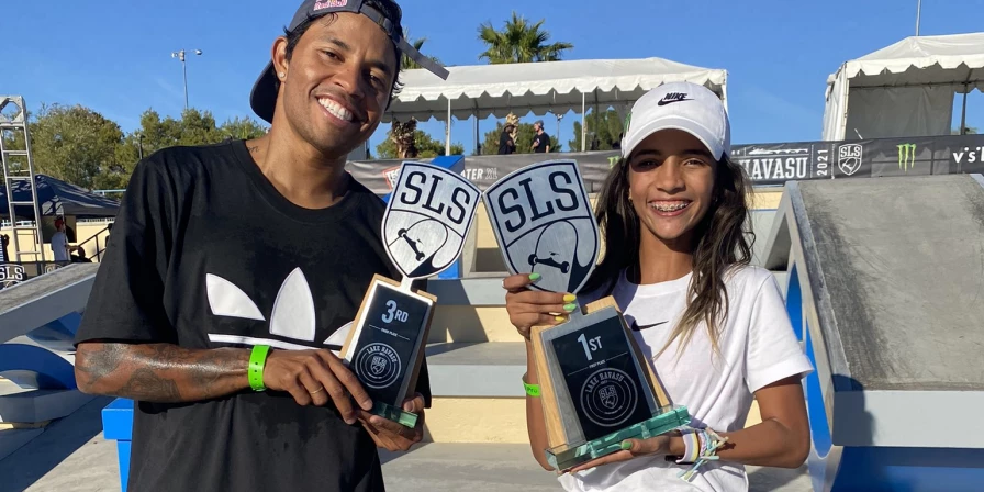 Rayssa Leal e o também brasileiro Felipe Gustavo, 3º lugar no masculino