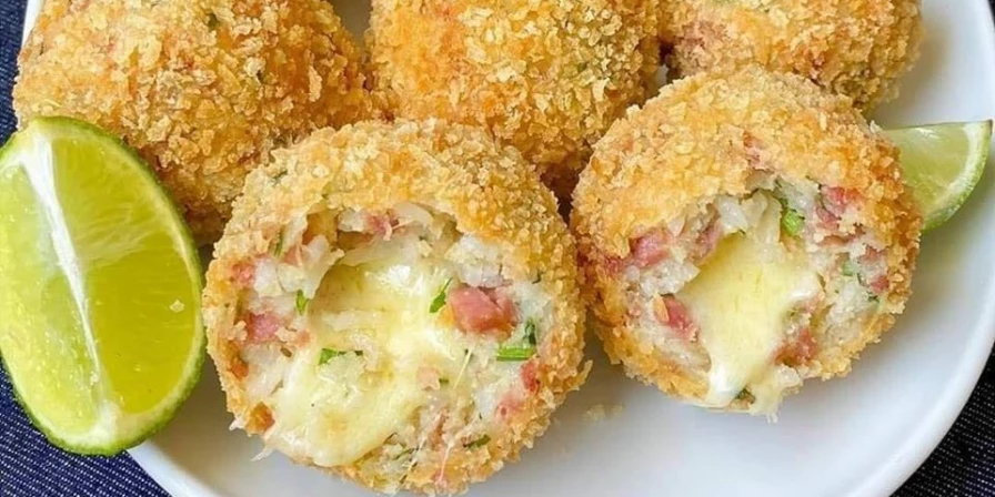 Bolinho de arroz com calabresa e queijo.