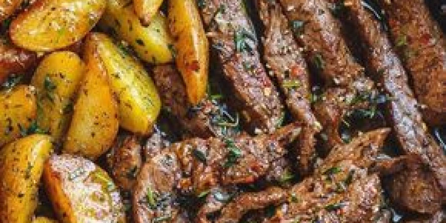 Bife com batata rústica na manteiga.