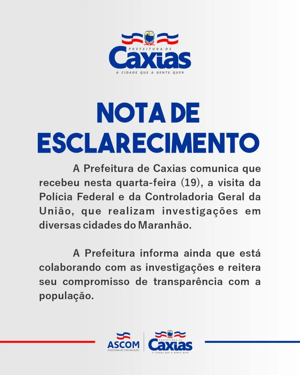 Nota da Prefeitura Municipal de Caxias