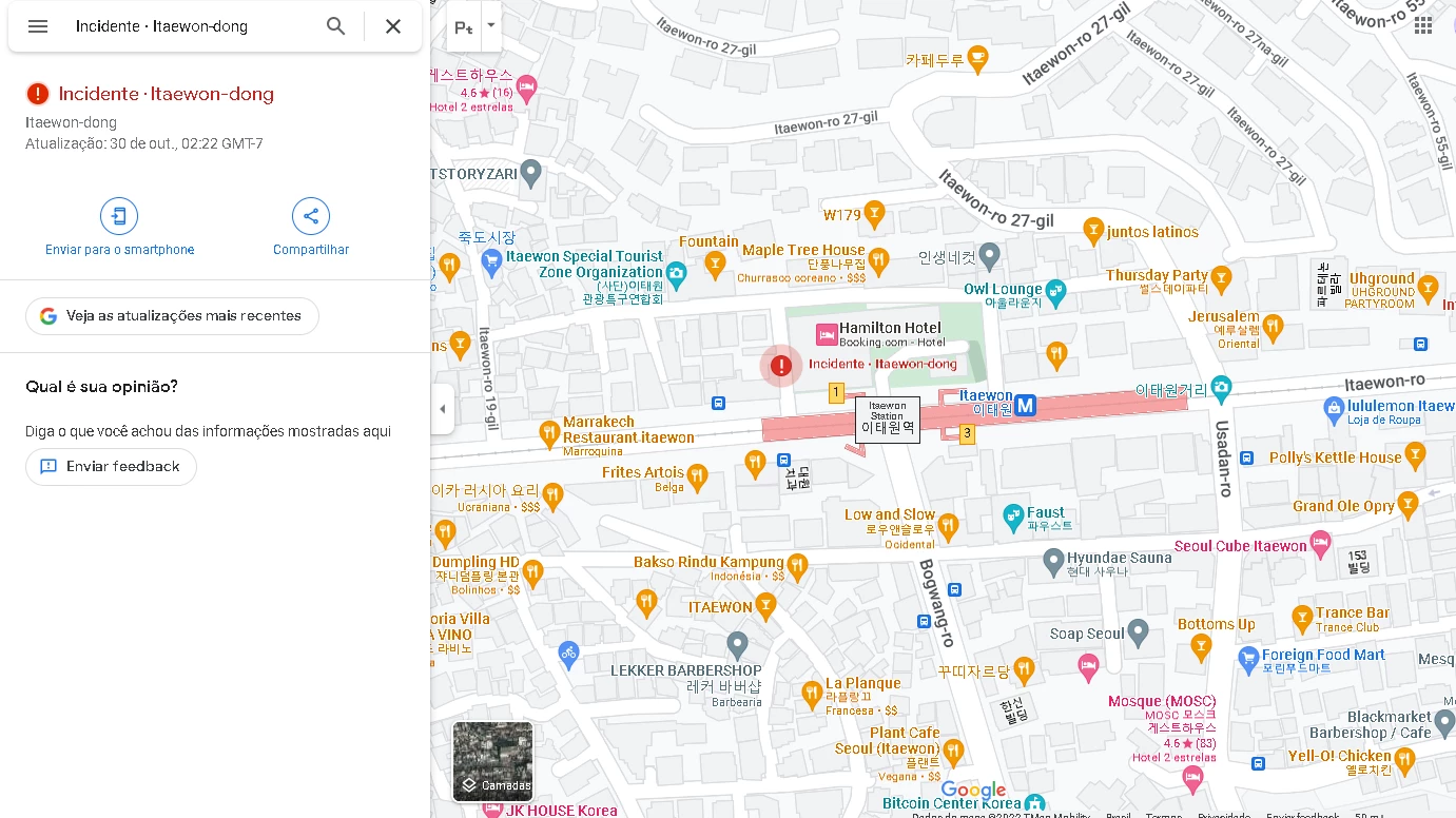 A ferramenta de serviço de pesquisa e visualização de mapas do Google indica o local mais crítico do acidente em seu sistema.