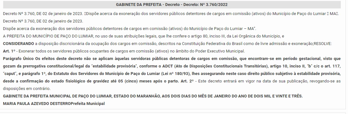 Decreto assinado pela prefeita Paula Azevedo exonera todos os comissionados de Paço do Lumiar