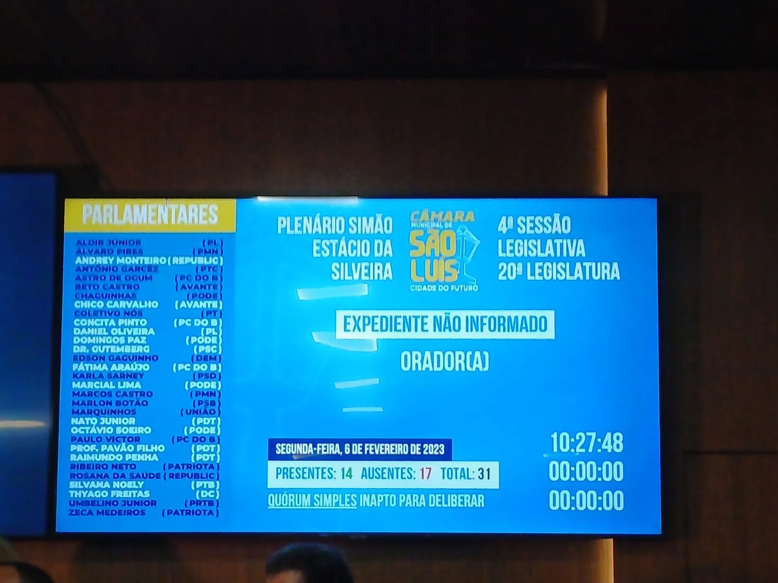 Painel mostrava a presença de apenas 14 vereadores durante parte da solenidade em que Braide levava mensagem ao Legislativo. No decorrer do ato, outros quatro vereadores compareceram ao Plenário e elevaram a lista de presenças para 18 parlamentares