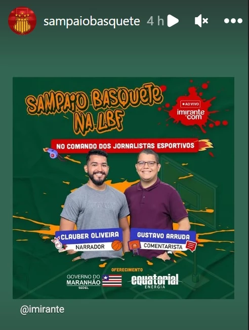 Gustavo Arruda e Clauber Oliveira como destaques no perfil do Sampaio Basquete (Crédito: @sampaiobasquete)