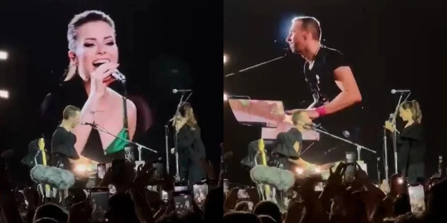 Sandy canta com Chris Martin durante show da banda Coldplay