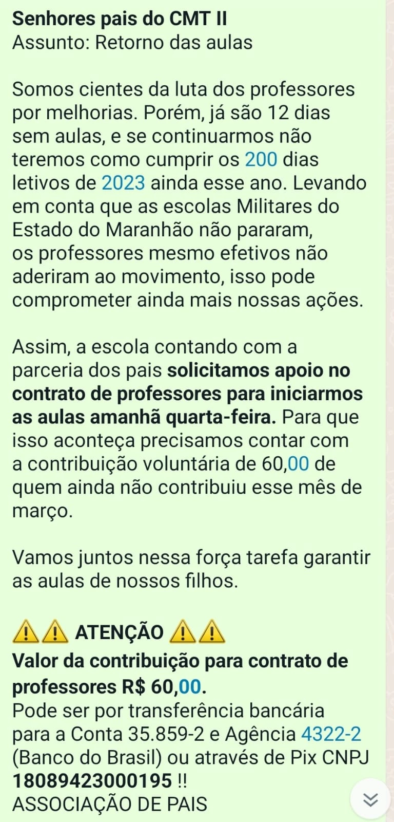 Mensagem da direção da escola militar solicitando contribuição financeira dos pais de alunos