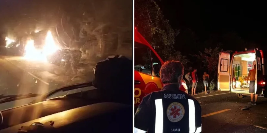 Ônibus tentou uma ultrapassagem e bateu de frente com a carreta.