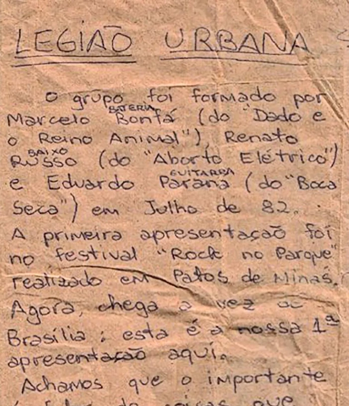 Manuscrito sobre Legião Urbana. (Foto: Reprodução/Redes Sociais)