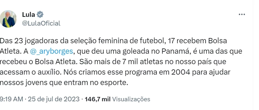 @LulaOficial em sua conta oficial destacou a maranhense (Crédito: @LulaOficial)