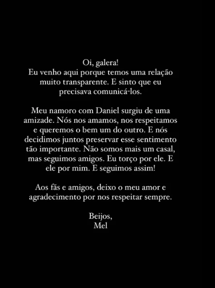 Pronunciamento de Mel Maia sobre término. (Foto: Reprodução / Instagram)