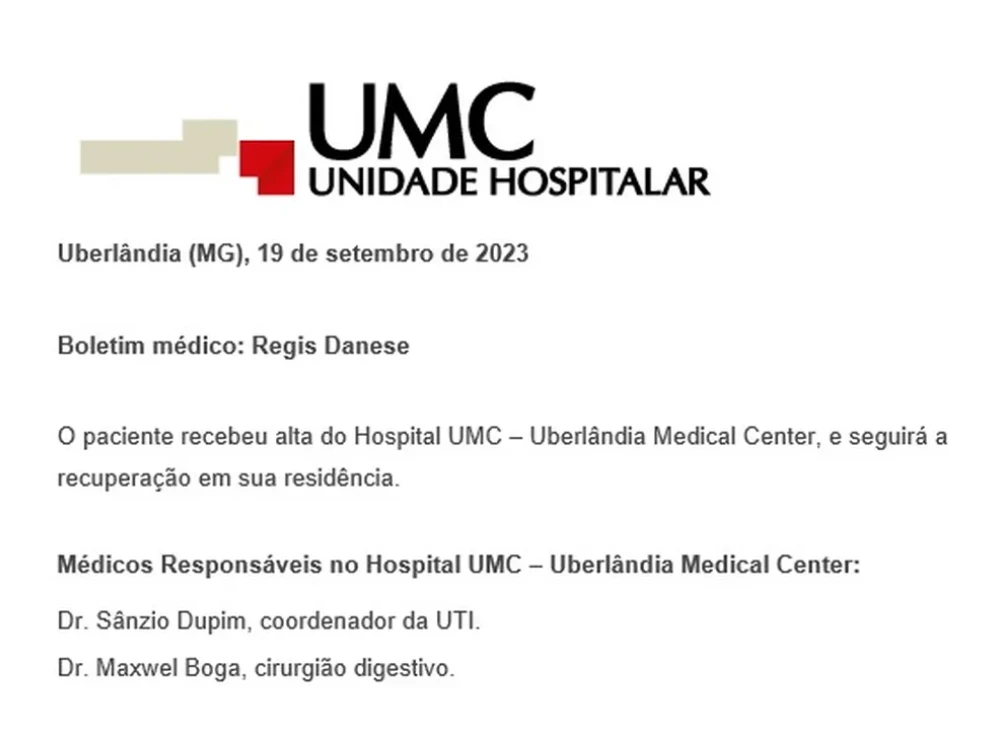 Hospital divulga boletim médico de Regis Danese. (Foto: Reprodução / Instagram)