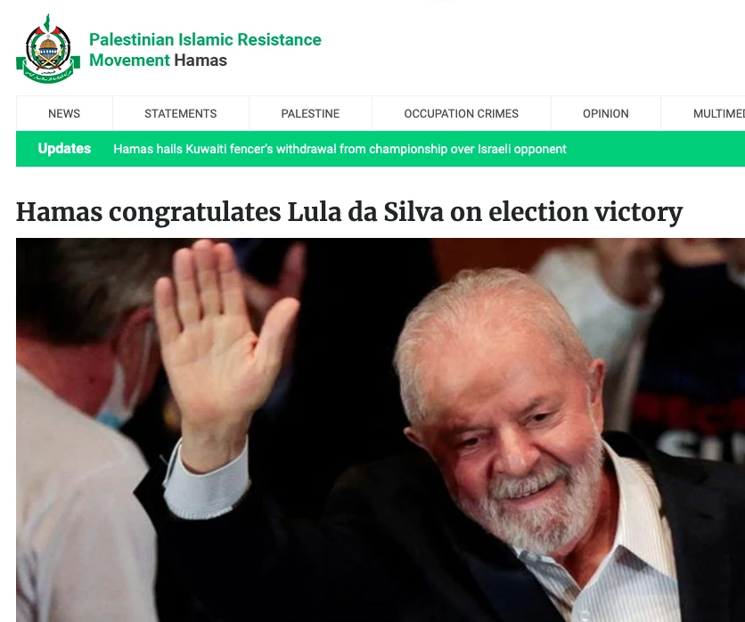 Congratulações a Lula em site oficial do Hamas