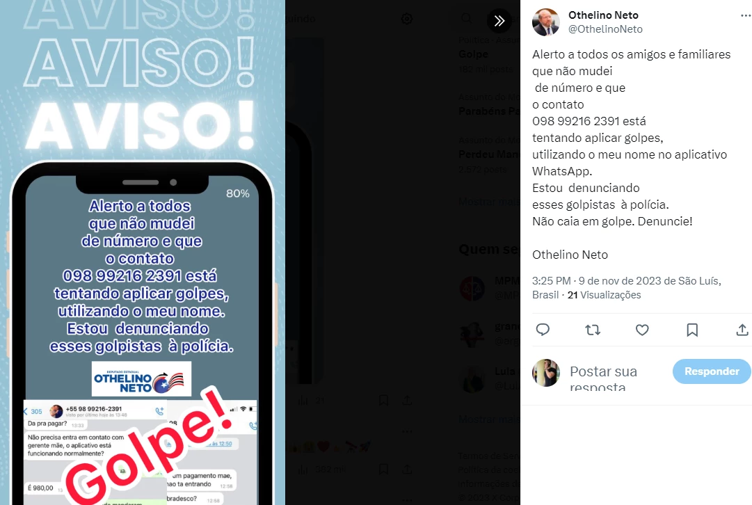 Othelino alertou seguidores nas redes