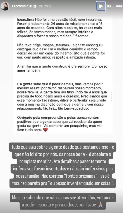 Sandy se pronuncia sobre boatos do fim de divórcio com Lucas Lima. (Foto: Reprodução/Instagram)
