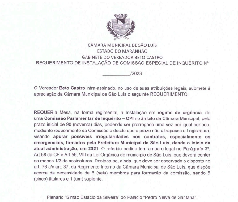 Requerimento apresentado à Mesa Diretora da Câmara
