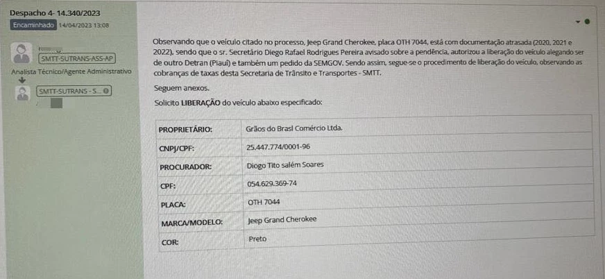 Registro da liberação do veículo foi feito em sistema da SMTT