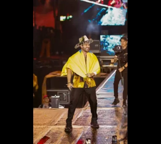 Alok com chapéu de bumba meu boi e a bandeira de São Luís durante o show