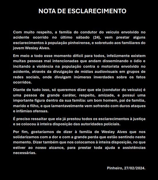 Nota divulgada pela família do motorista. (Foto: Divulgação)