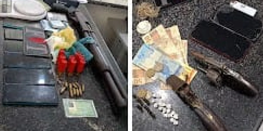 Os policiais apreenderam uma arma de fogo carabina calibre 12, um revólver calibre 32, armas de fogo de fabricação caseira, balanças de precisão, e valores em dinheiro.