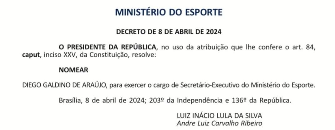 Diego Galdino foi nomeado no Governo Federal pelo presidente Lula