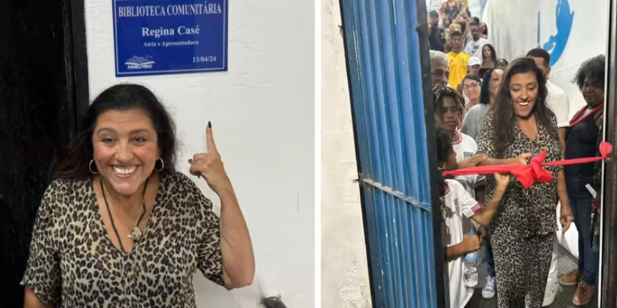Regina Casé inaugurando a biblioteca no Rio de Janeiro.