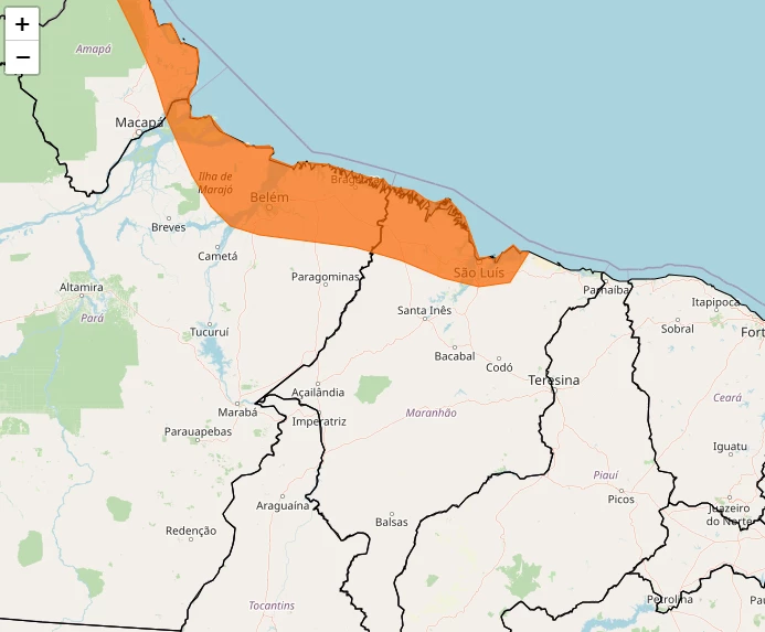 Regiões do Estado em alerta laranja. Foto: (Divulgação / Inmet)
