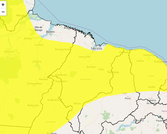 Regiões do Estado em alerta amarelo. (Foto: Divulgação / Inmet)