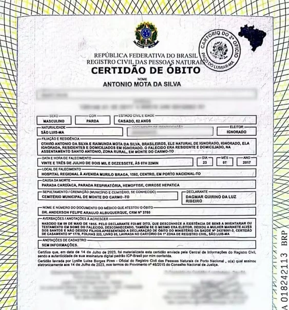Certidão que atesta a morte do idoso. (Foto: Divulgação)