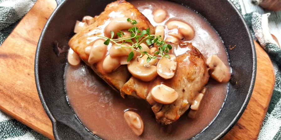 Utilizamos champignons frescos, que podem ser substituídos por champignons em conserva. Após coar e retornar o molho ao fogo, acrescente 1 colher de extrato de tomate – o sabor cítrico combina muito com o caldo de carnes e com o vinho.