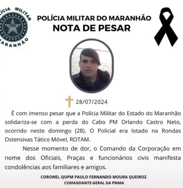 Nota da Polícia Militar do Maranhão lamentando a morte de Orlando Cardoso./Foto: Divulgação.