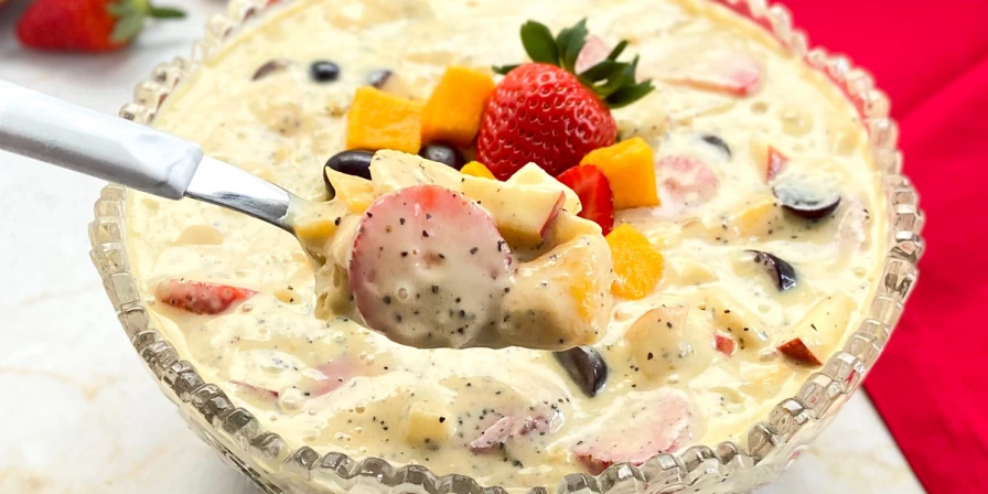 A suave acidez das frutas são equilibradas com o creme ligeiramente adocicado que ainda conta com a textura das sementes batidas da fruta.