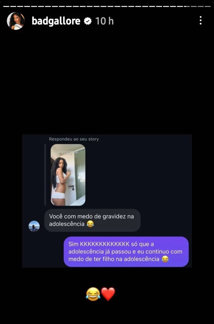 Lorena brinca com seguidora sobre gravidez na adolescência. (Foto: Reprodução/Redes sociais)