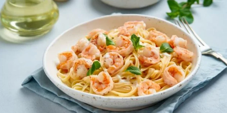 Macarrão ao molho branco com camarão.