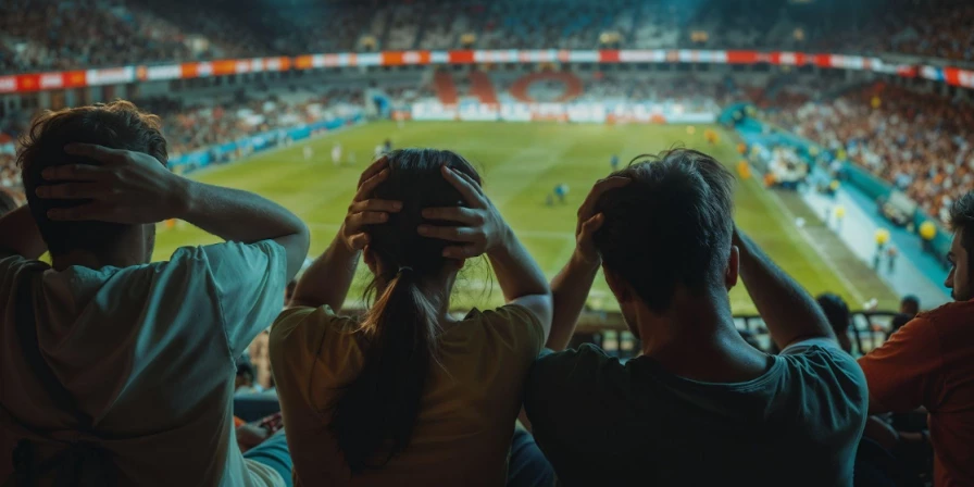 Torcedores assistem à jogo de futebol.