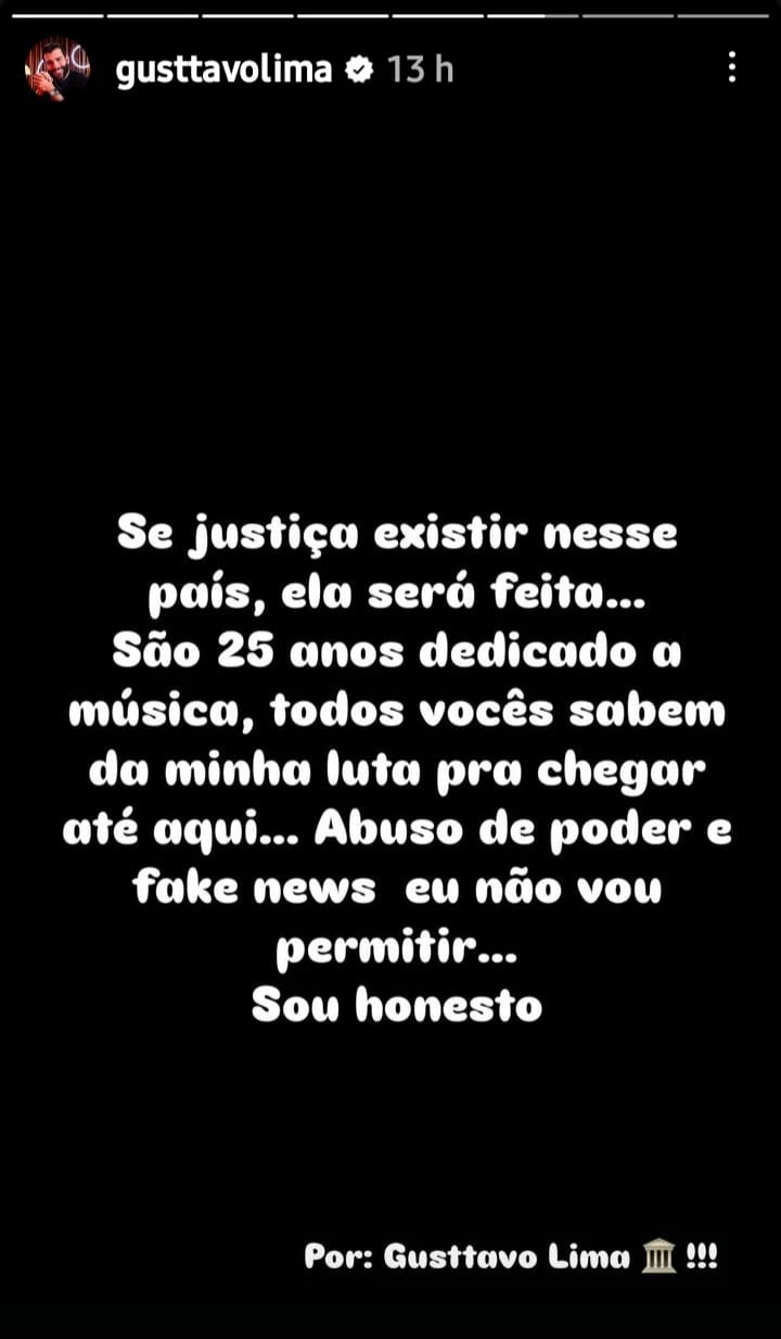 Gusttavo Lima se pronunciou nas redes sociais sobre Operação Integration. (Foto: Reprodução/Redes Sociais)