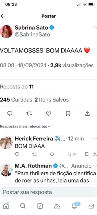 Sabrina Sato comemora volta do aplicativo X. (Foto: Reprodução/Redes sociais)