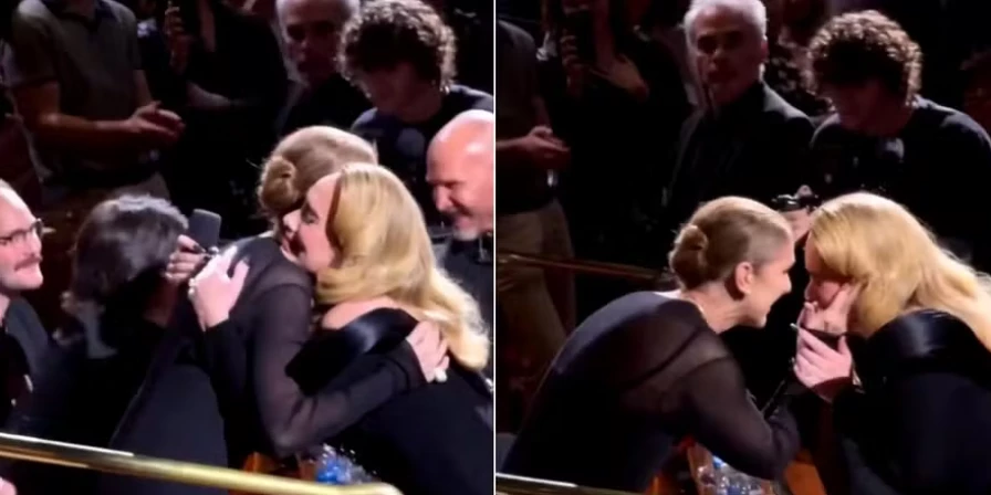 Adele e Céline Dion trocam abraços durante show.