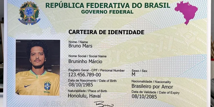 Carteira de Identidade Nacional (CIN) fake, em tamanho gigante, do cantor Bruno Mars.