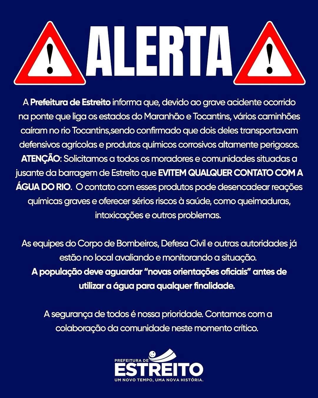 Nota da Prefeitura de Estreito divulgada nas redes sociais. (Foto: Reprodução / Redes Sociais)