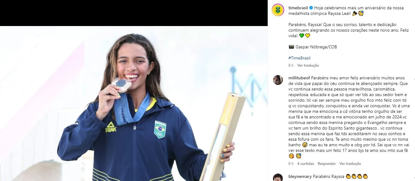 Rayssa Leal recebeu post especial do COB em seu aniversário