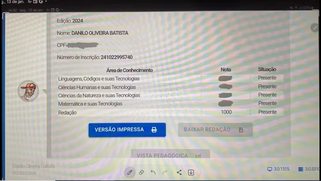Danilo alcançou nota máxima na redação do Enem. (Foto: Reprodução / Redes Sociais)