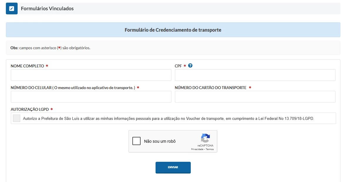 Site de cadastro do voucher para transporte por aplicativos. (Foto: Reprodução/Prefeitura de São Luís)