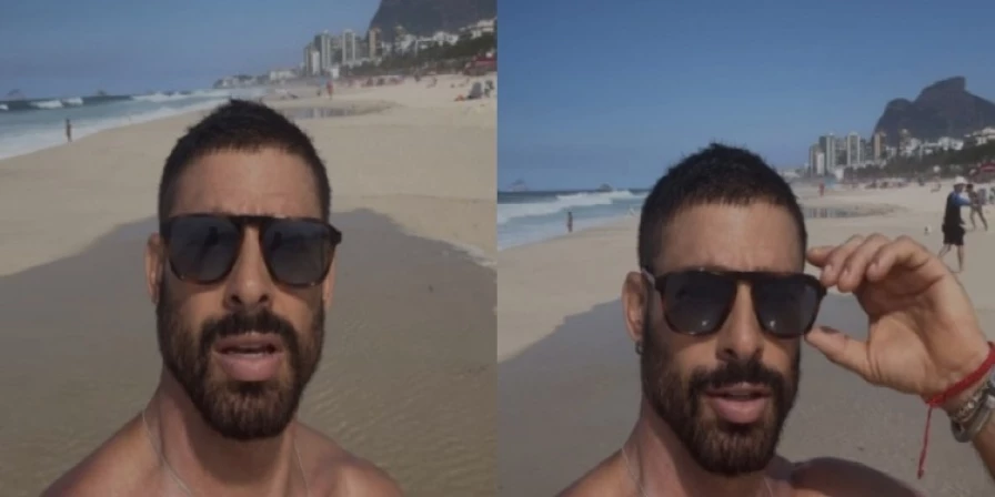 Cauã Reymond grava na praia da Barra da Tijuca