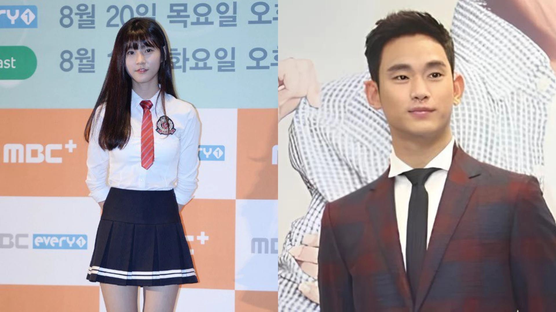 Kim Sae-Ron (à esquerda) durante premier do K-Drama 'To Be Continued' (2015) com 15 anos de idade, e Kim Soo-Hyun, durante premier do K-Drama 'Os Produtores' (2015), com 27 anos.