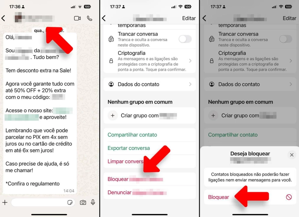 No próprio aplicativo, o usuário do WhatsApp pode bloquear e denunciar contas suspeitas. O usuário denunciado não é notificado sobre a identidade de quem enviou a denúncia ao WhatsApp (simulação feita em um aparelho que usa iOS).